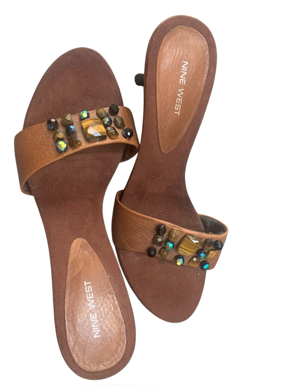 Nine West Bohemian Style Embellished Brown Leather Slide Sandals - Women - Picture 14 of 15